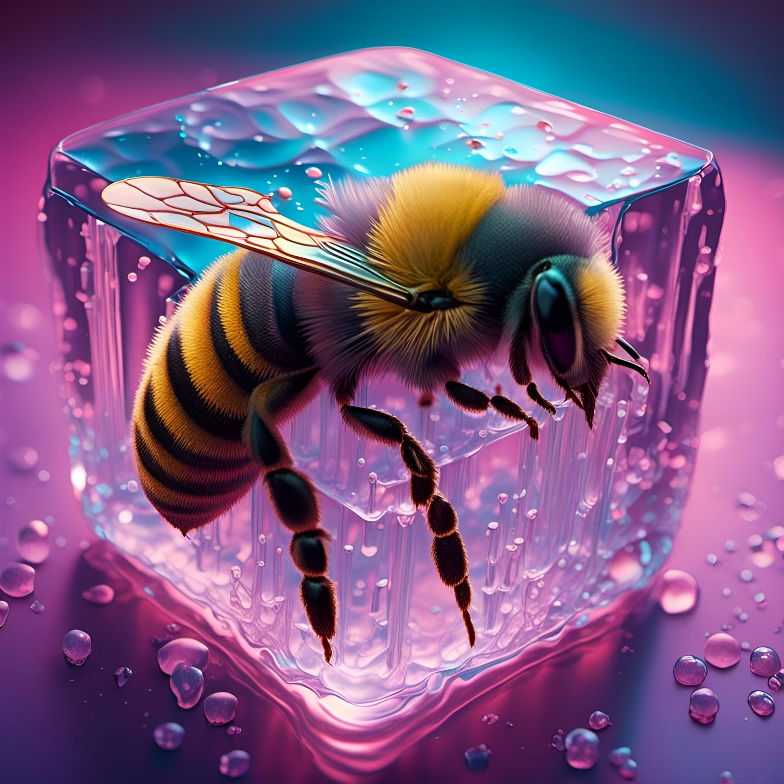Bioluminescent Honeybee in Ice Cube: Hyperrealistic Splash A...