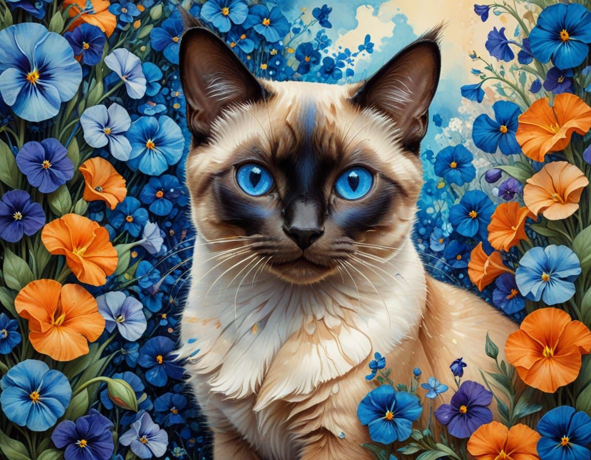 Vibrant Siamese Cat Amidst Blue and Orange Pansy Blooms in H...