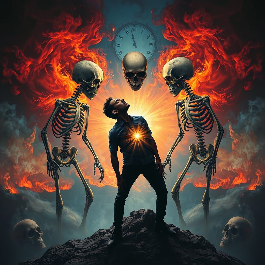 Man Confronts Inner Demons in Surrealist Dreamscape