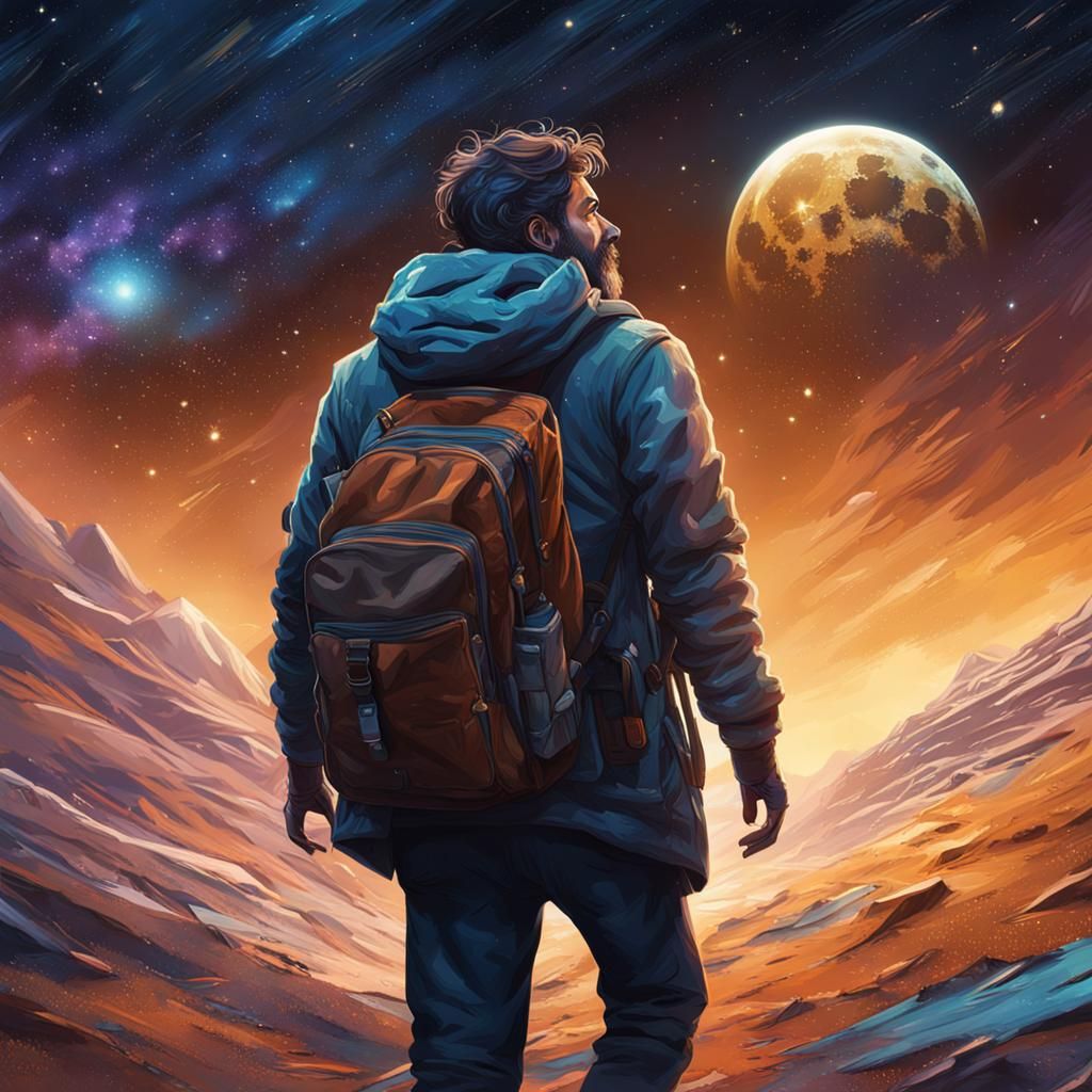 Poet Walks Under Stars in Hyperrealistic Splash Art