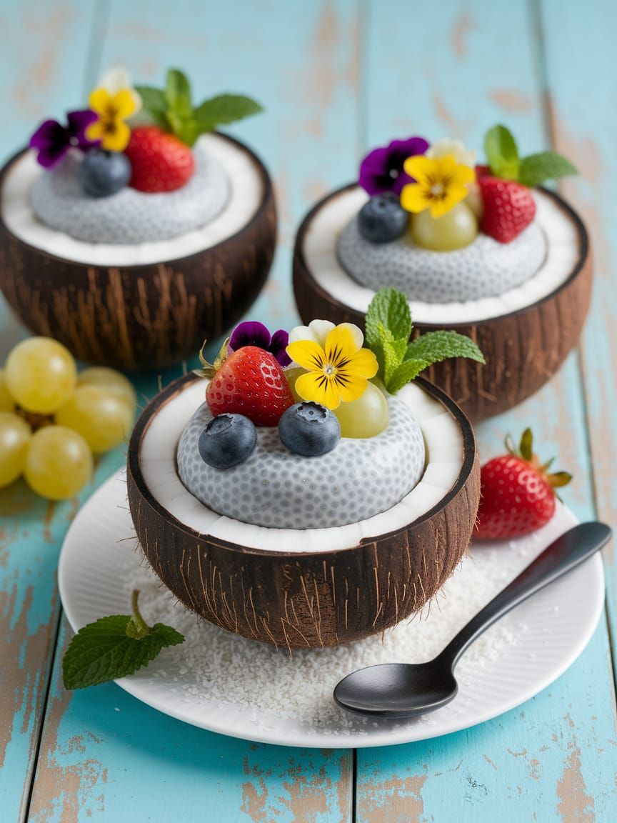 Vibrant Chia Pudding in Coconut Shells with Fresh Fruit