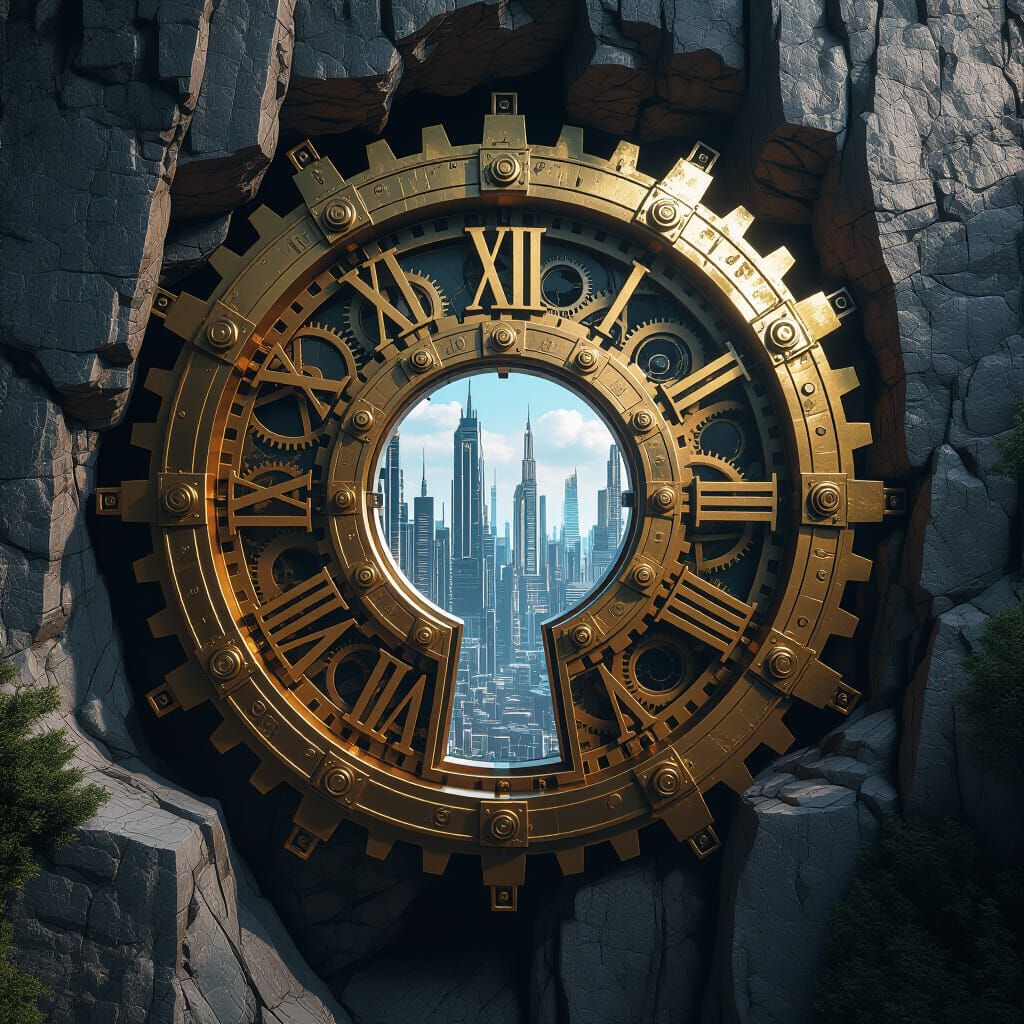 Steampunk Clockwork Portal to Futuristic City