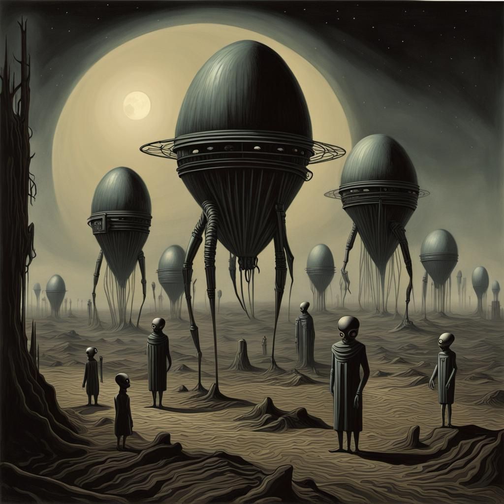 Dystopian Alien Robot Farm in Dark Colors