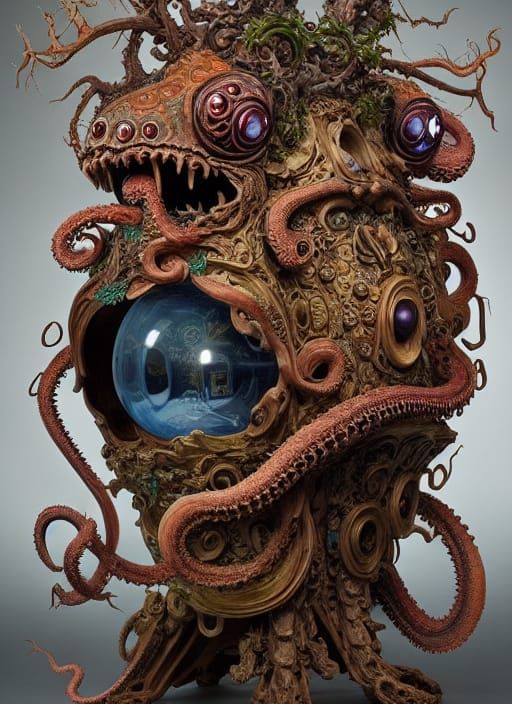Biomechanical Octopus Guarding Chest in Mystic Forest
