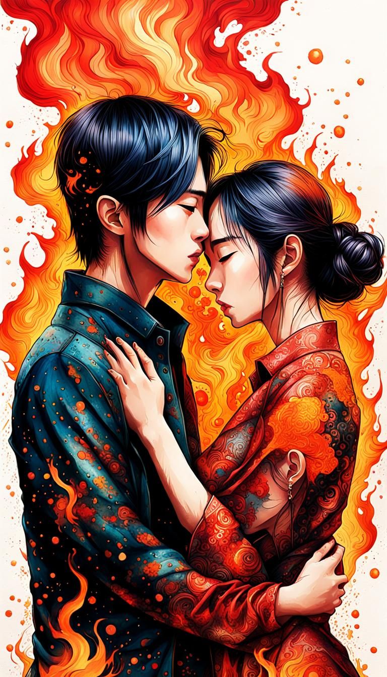 Fiery Embrace: Double Exposure Lovers Portrait