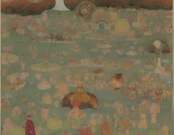 Fantastical Scene with Childlike Figures in Outsider Art Sty...