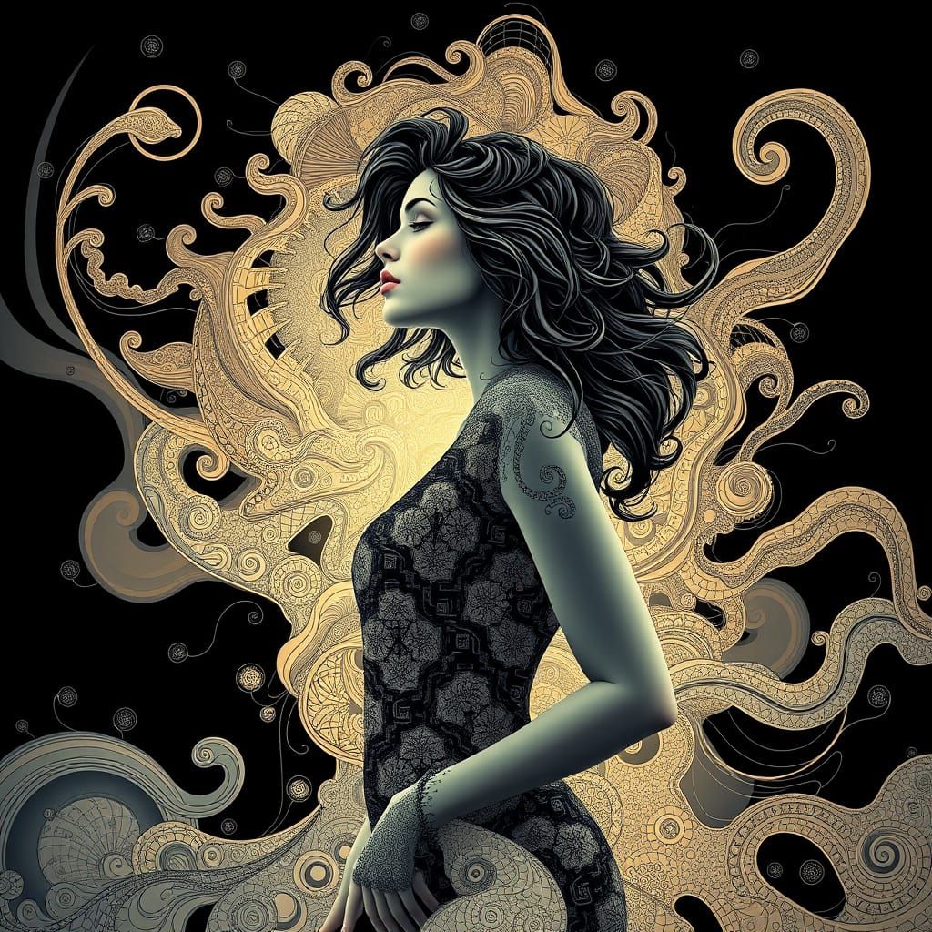 Contemplative Woman Surrounded by Abstract Fractals