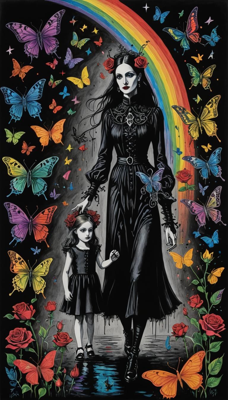 Surreal Gothic Mother and Child Crayon Drawing