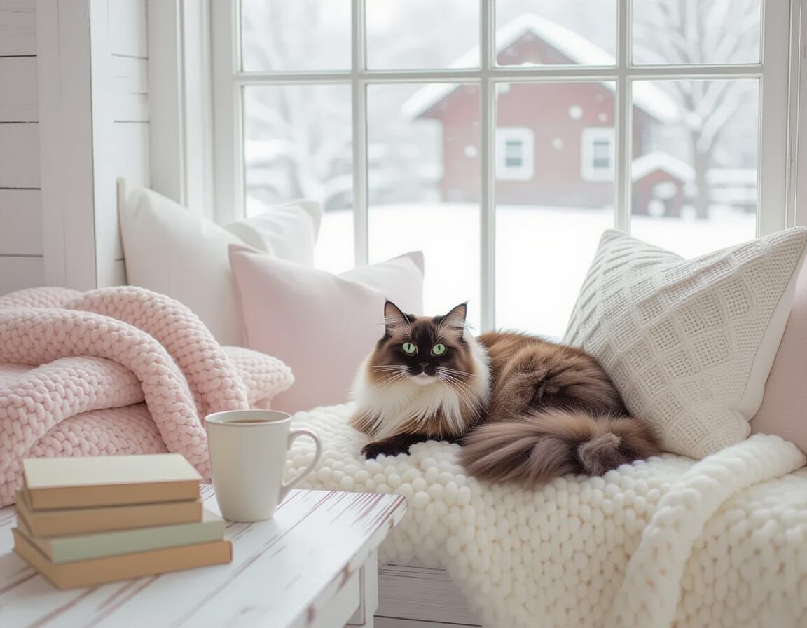 Cozy Hygge Window Seat with Cat in Winter
