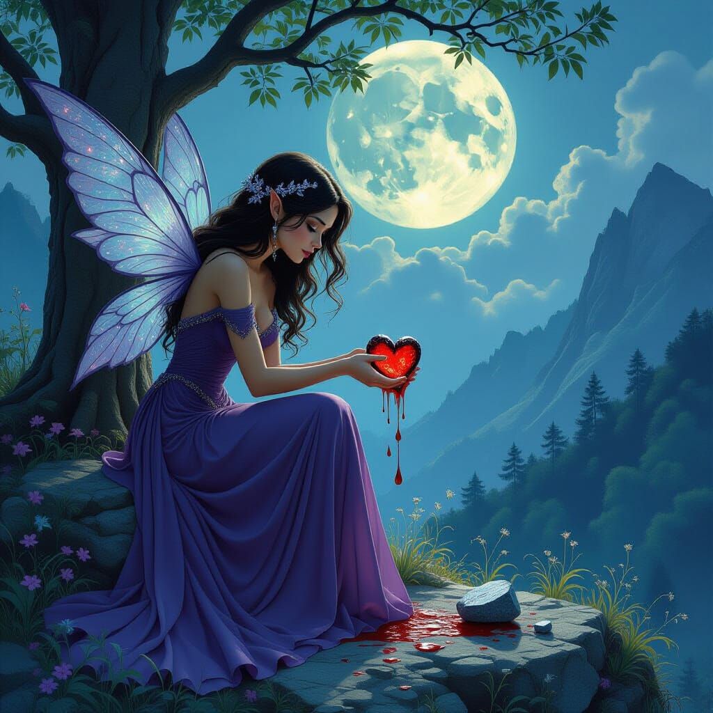 Sorrowful Fairy Breaks Stone Heart in Moonlit Glade