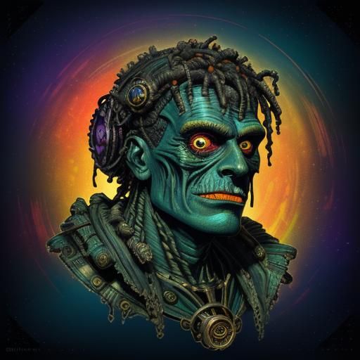 Steampunk Monster in Starry Night, Art Deco Style