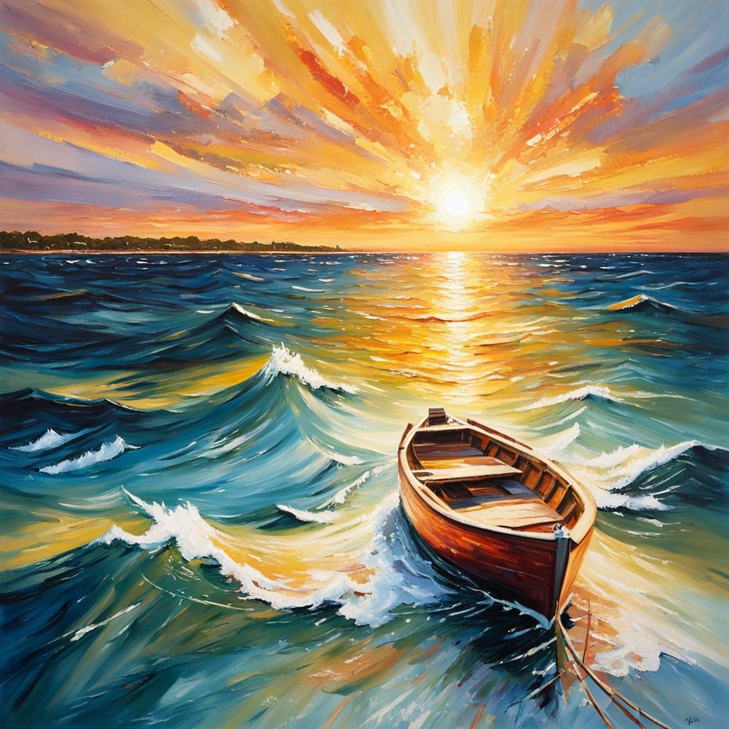 Serene Sunset Boat Scene in Expressive Oil Painting