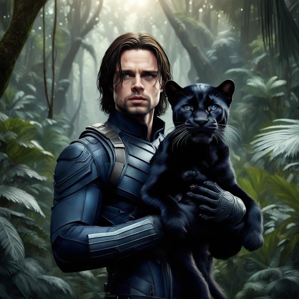 Bucky Barnes and Black Panther Cub in Jungle Forest
