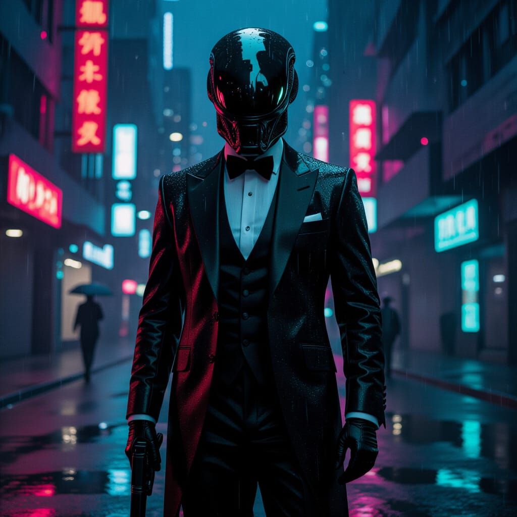 Xenomorph as James Bond in Cyberpunk Cityscape