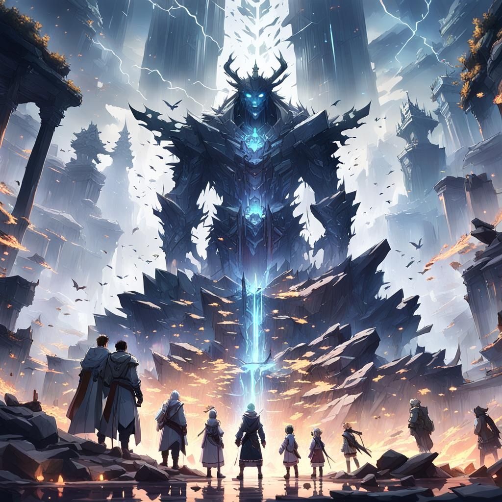 Anime Inhabitants Face God Statue on Shattered Realm