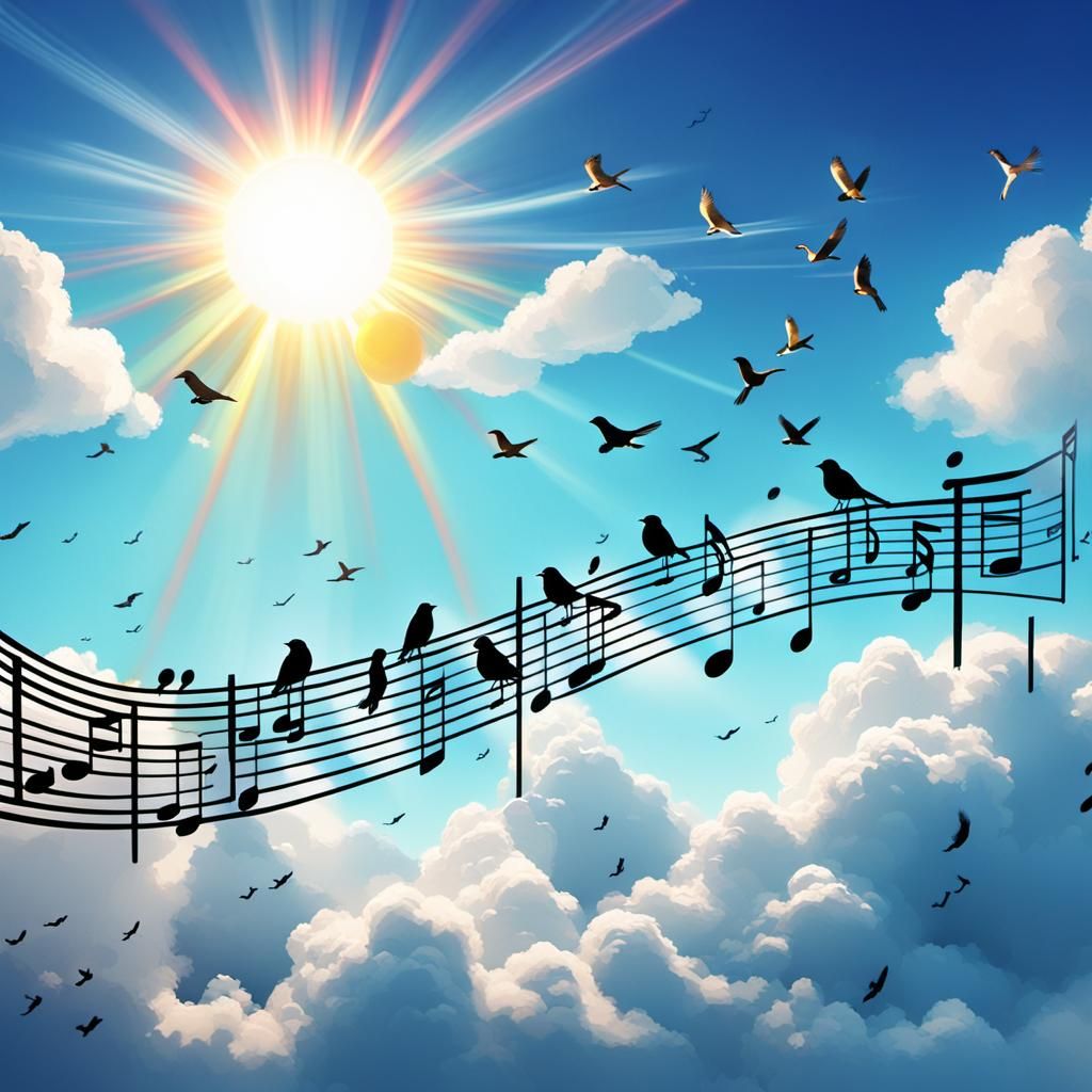 Birds on Musical Notes in Animated 3D Landscape