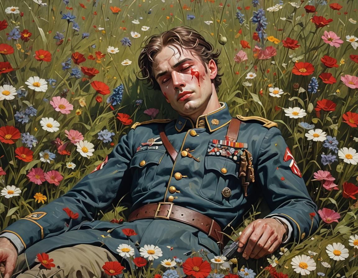 Wounded Soldier in Flower Meadow: Vintage Illustration