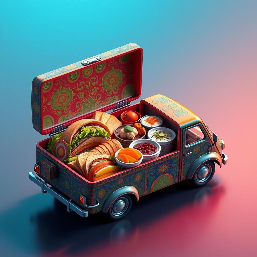 Isometric Lunchbox Truck with Food, Art Nouveau Style