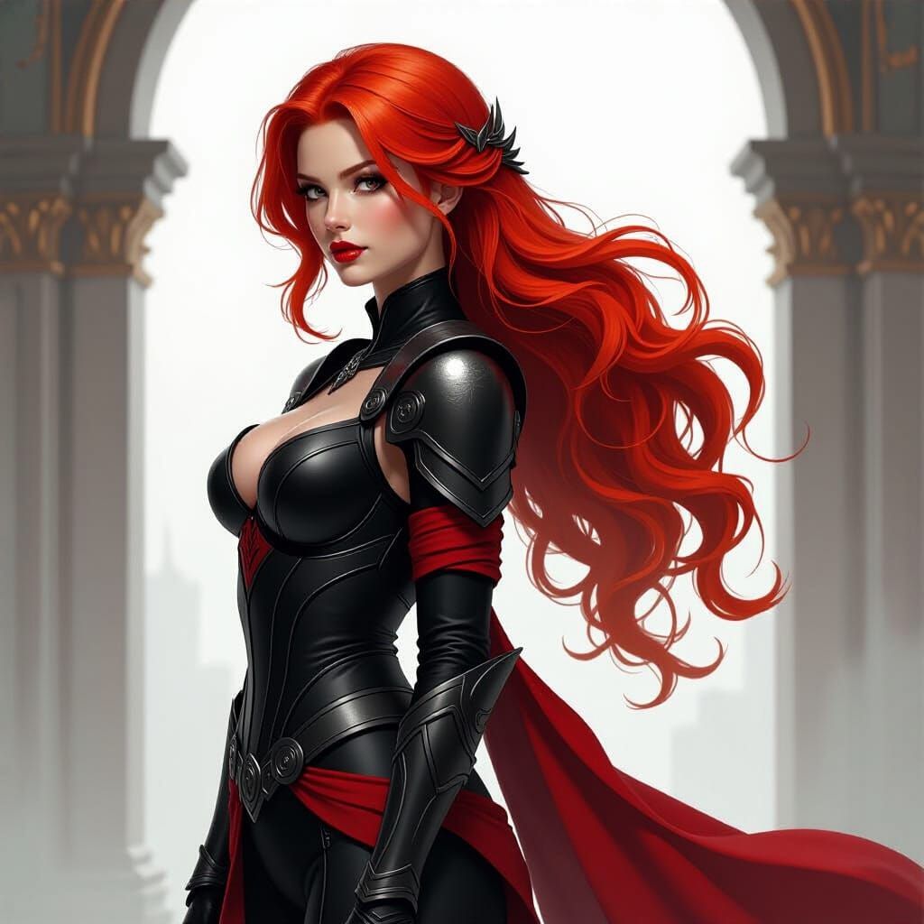 Red-Haired Female Character in Sleek Armor and Fabric