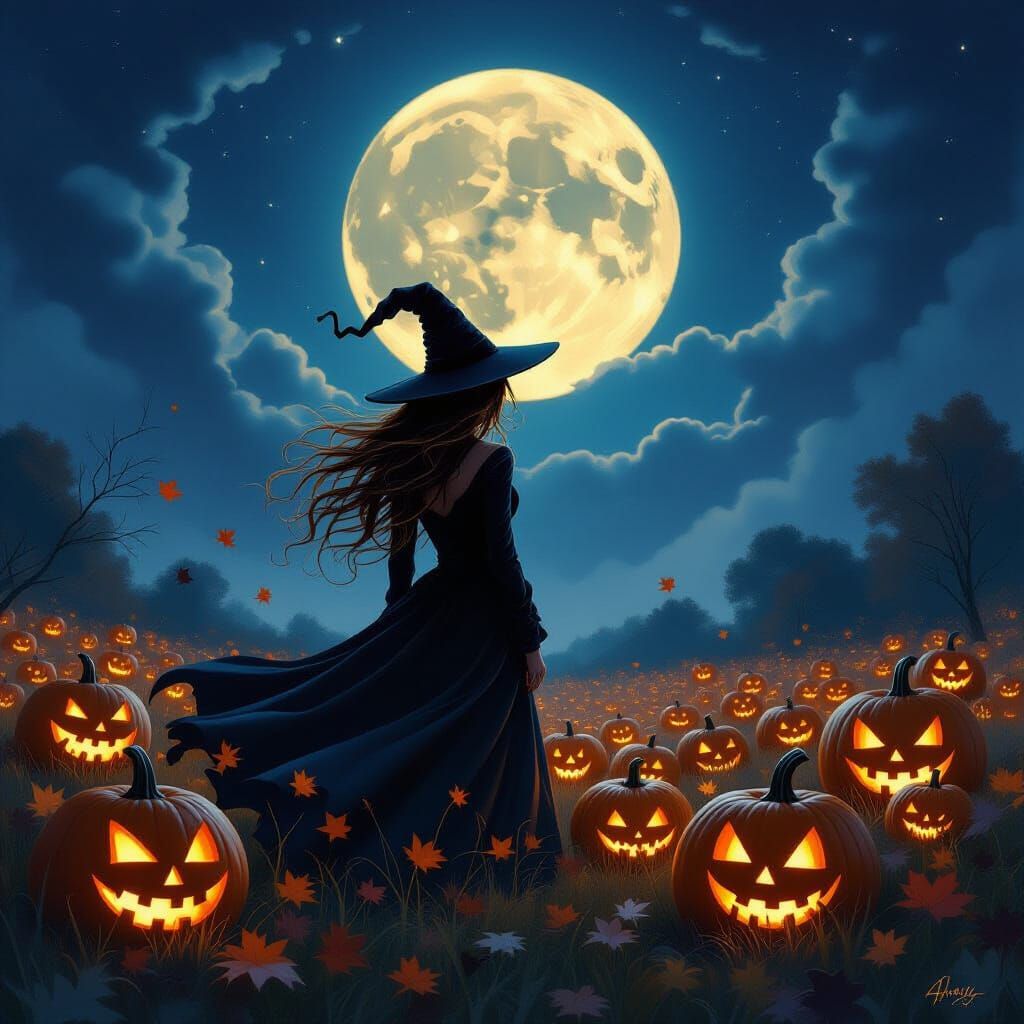 Eerie Witch in Pumpkin Patch Under Moonlight