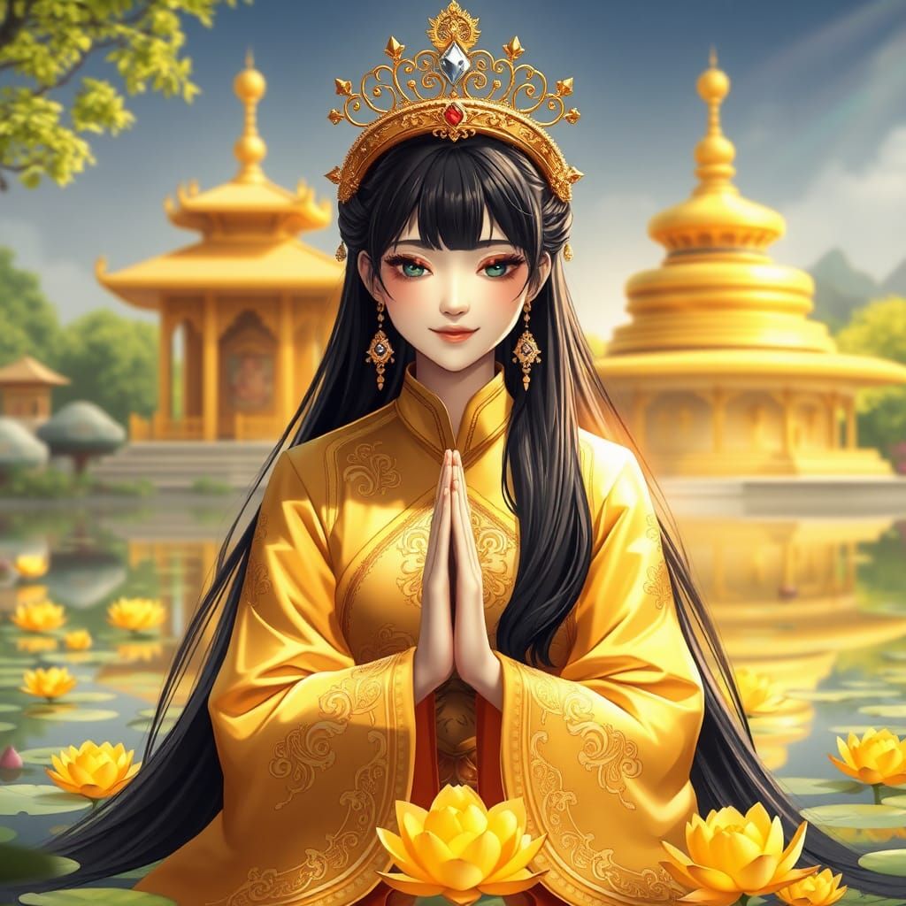 Asian Woman in Golden Costume: 3D Anime Art