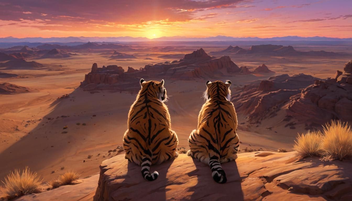 Tigers at Sunset: A Cinematic Oil Painting