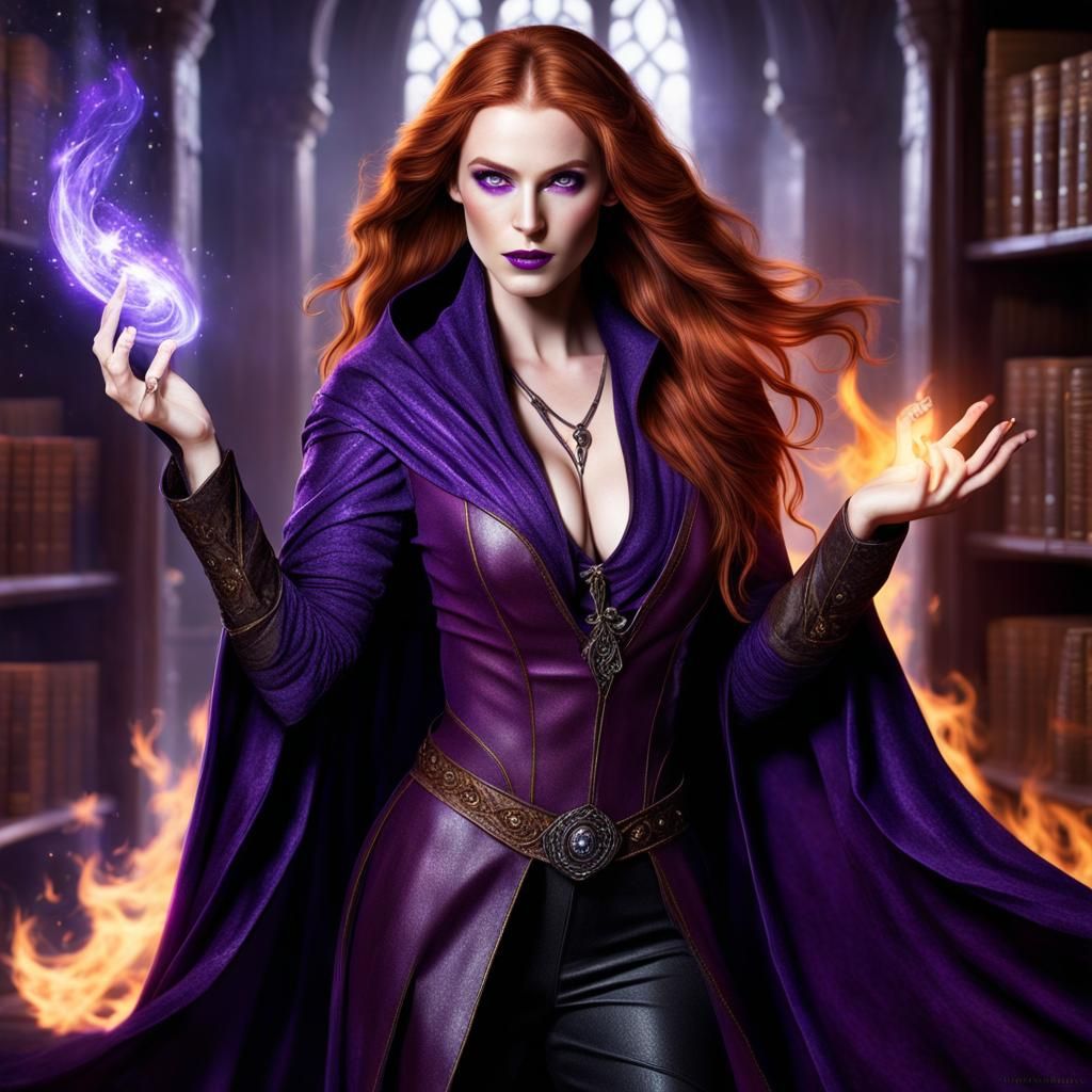 Fantasy Sorceress Creating Purple Magic Flames