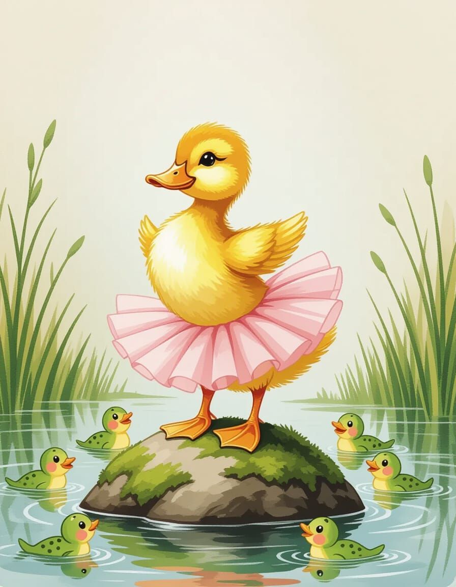 Duckling Ballerina on Mossy Rock, Whimsical Watercolor