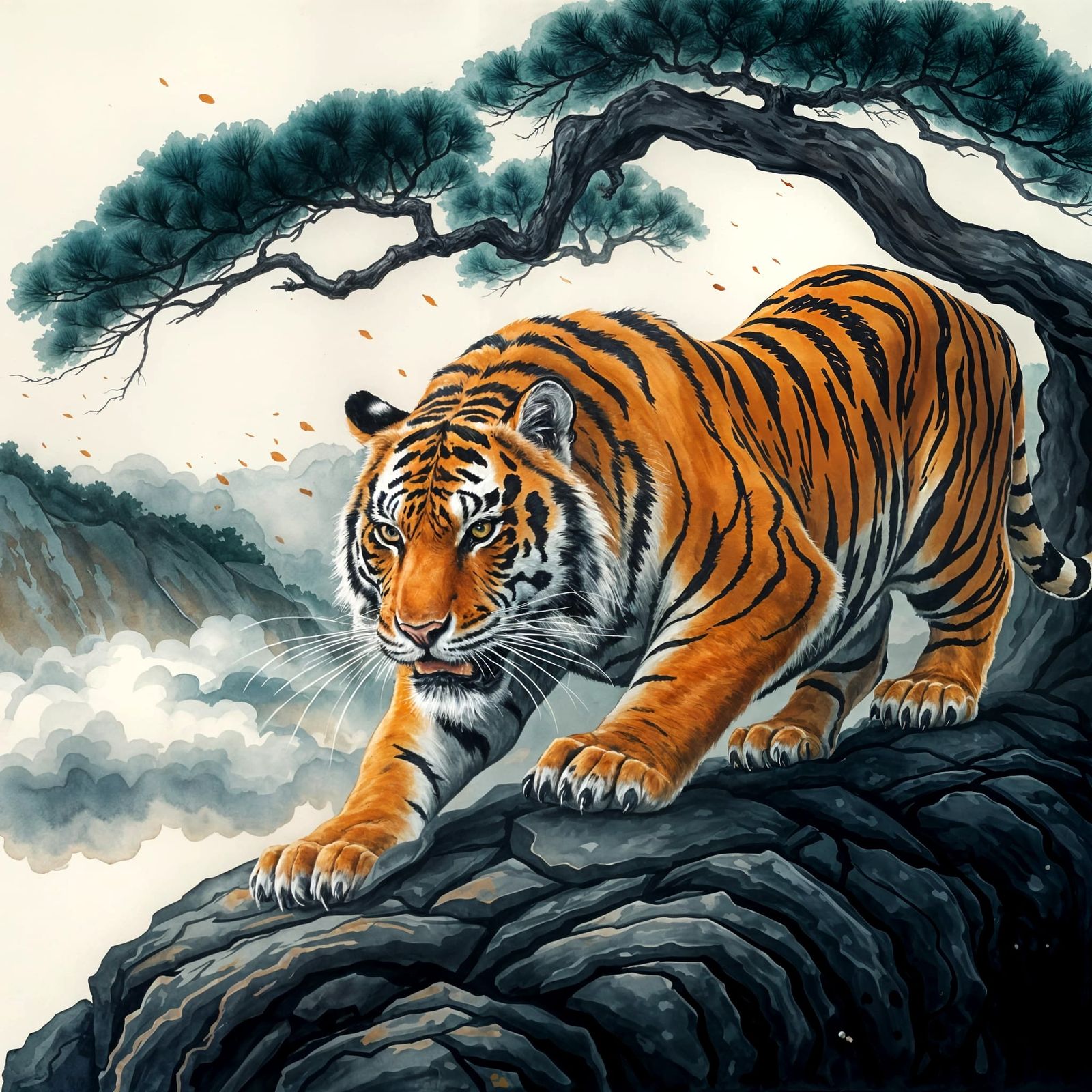 Fierce Tiger Prowling in Ink Wash Painting