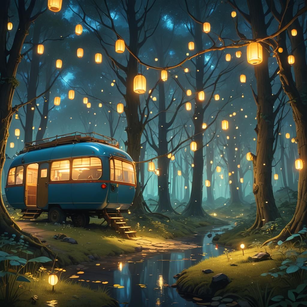 Firefly Caravan in Whimsical Forest: Miyazaki-Inspired Art