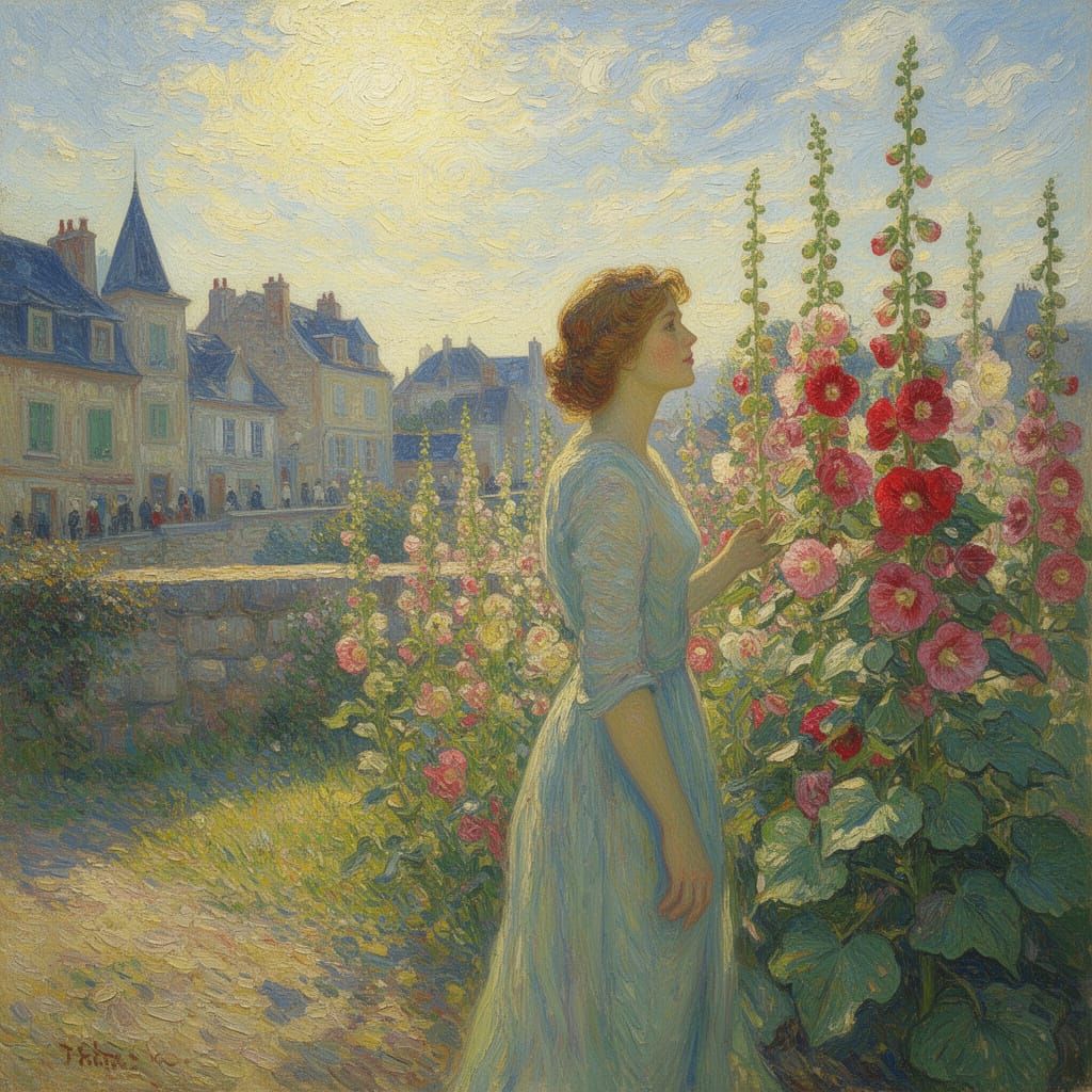 Woman Admiring Hollyhocks in Impressionist Style