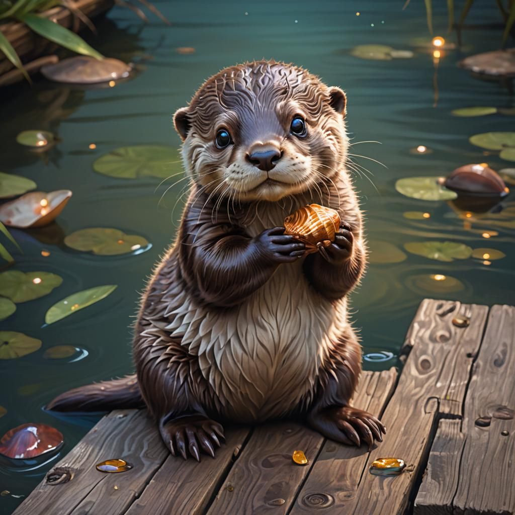 Baby Otter with Seashell in Ghibli Style