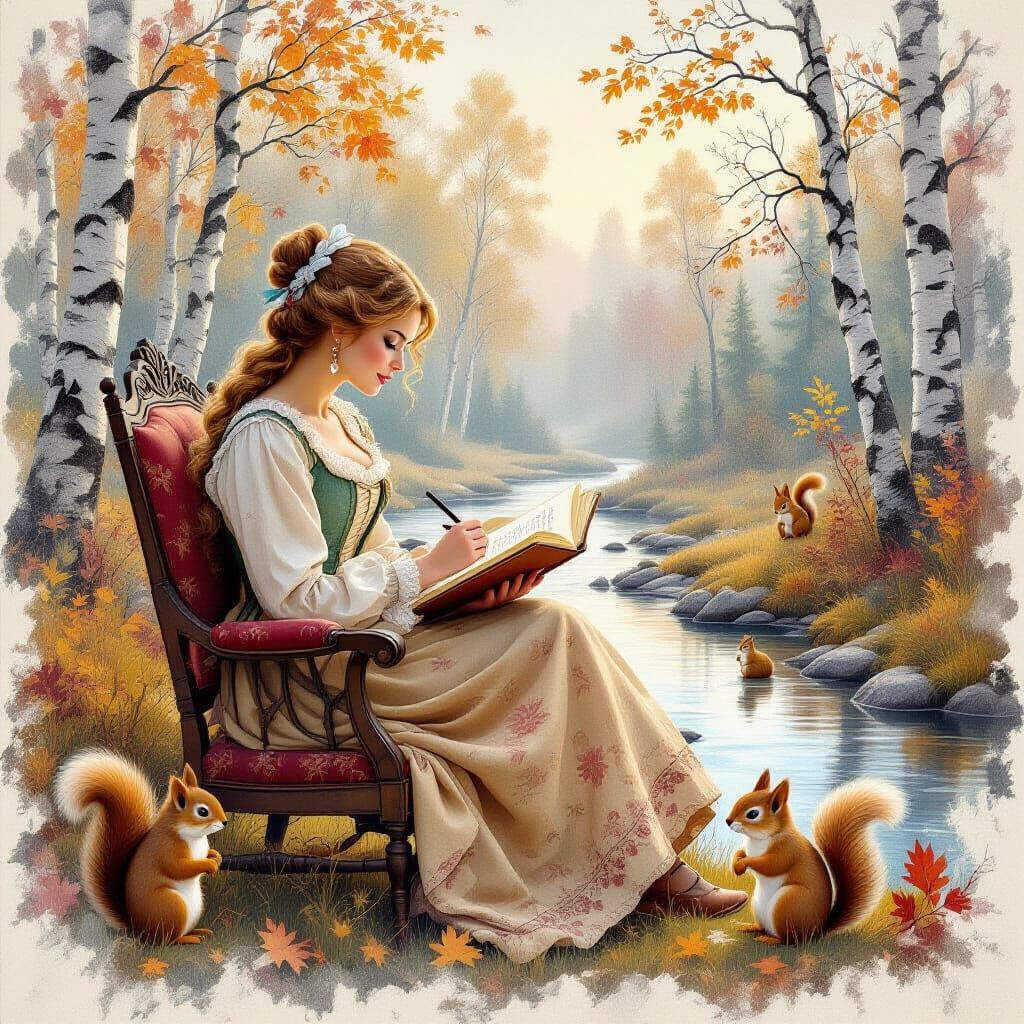 18th Century Woman Writing in Autumn Forest