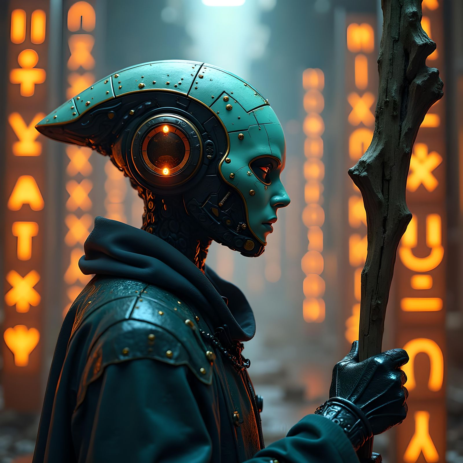 Android Shaman Portrait with Mystic Runes in Punk Style