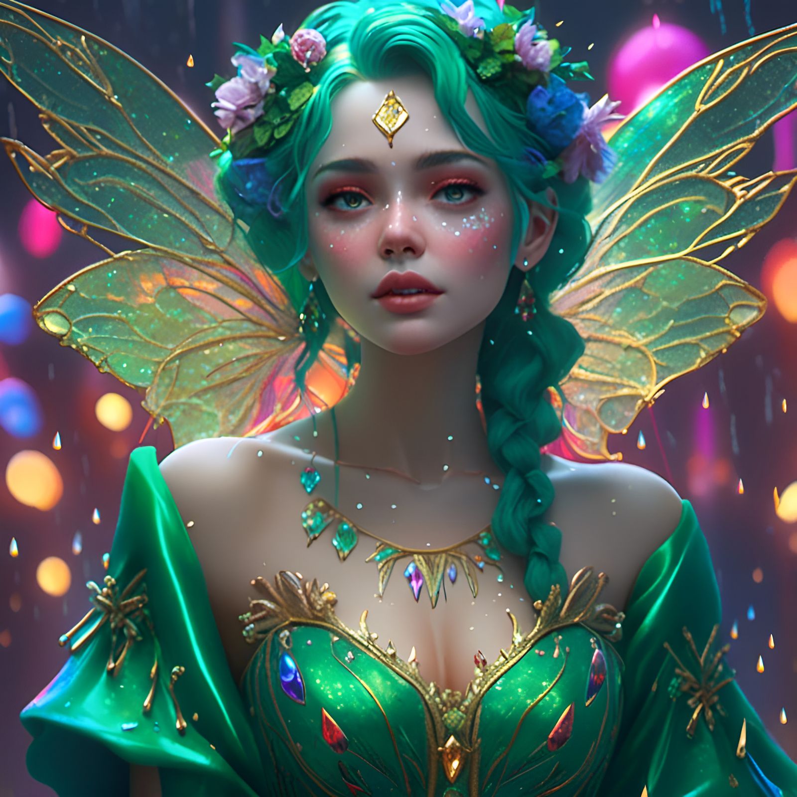Fairy in Emerald Gown with Rainbows, Detailed Art