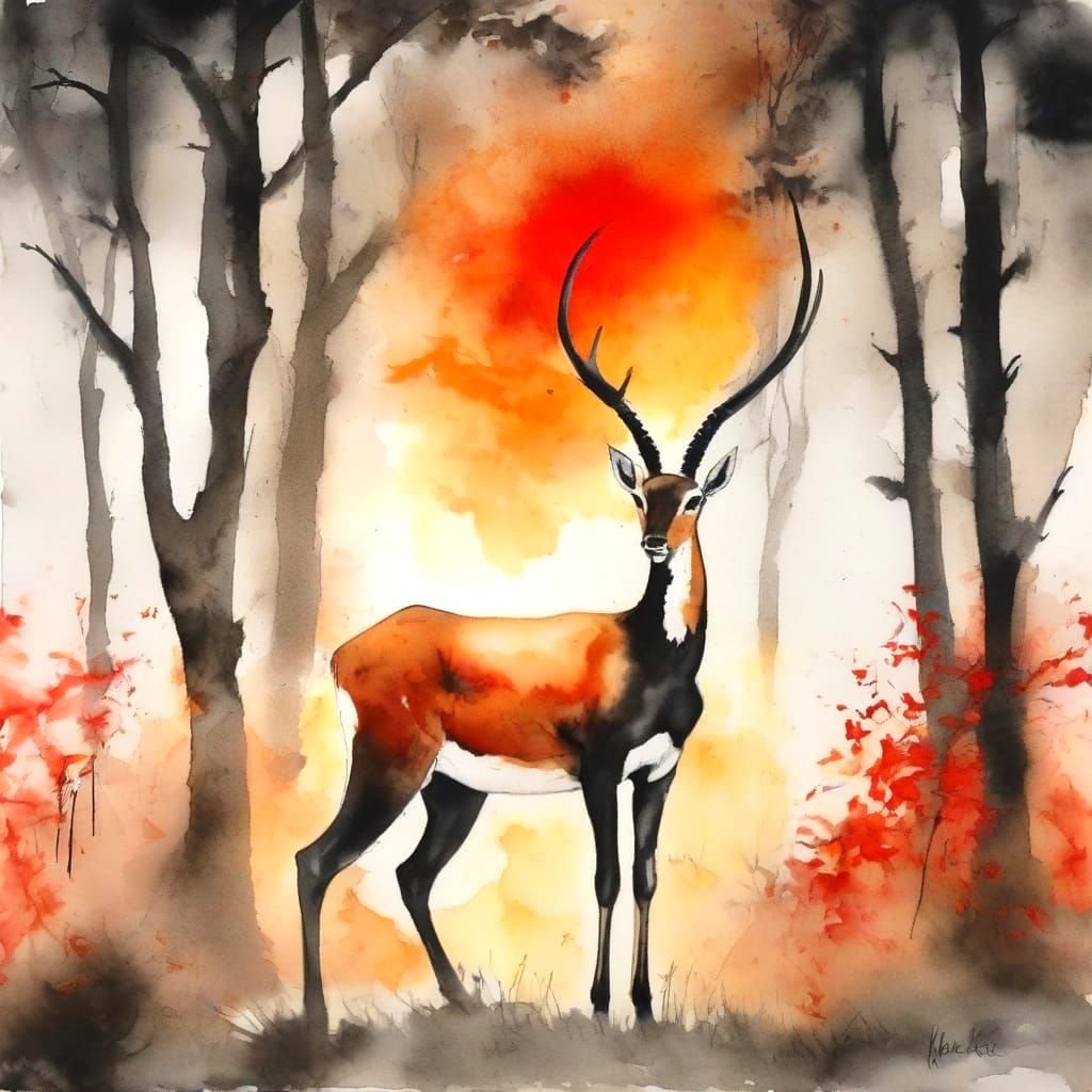 Majestic Springbok Amidst Vibrant, Burning Forest