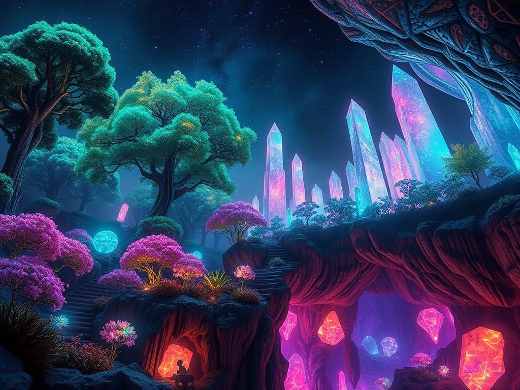 Surreal Cosmic Landscape with Bioluminescent Forest and Cele...