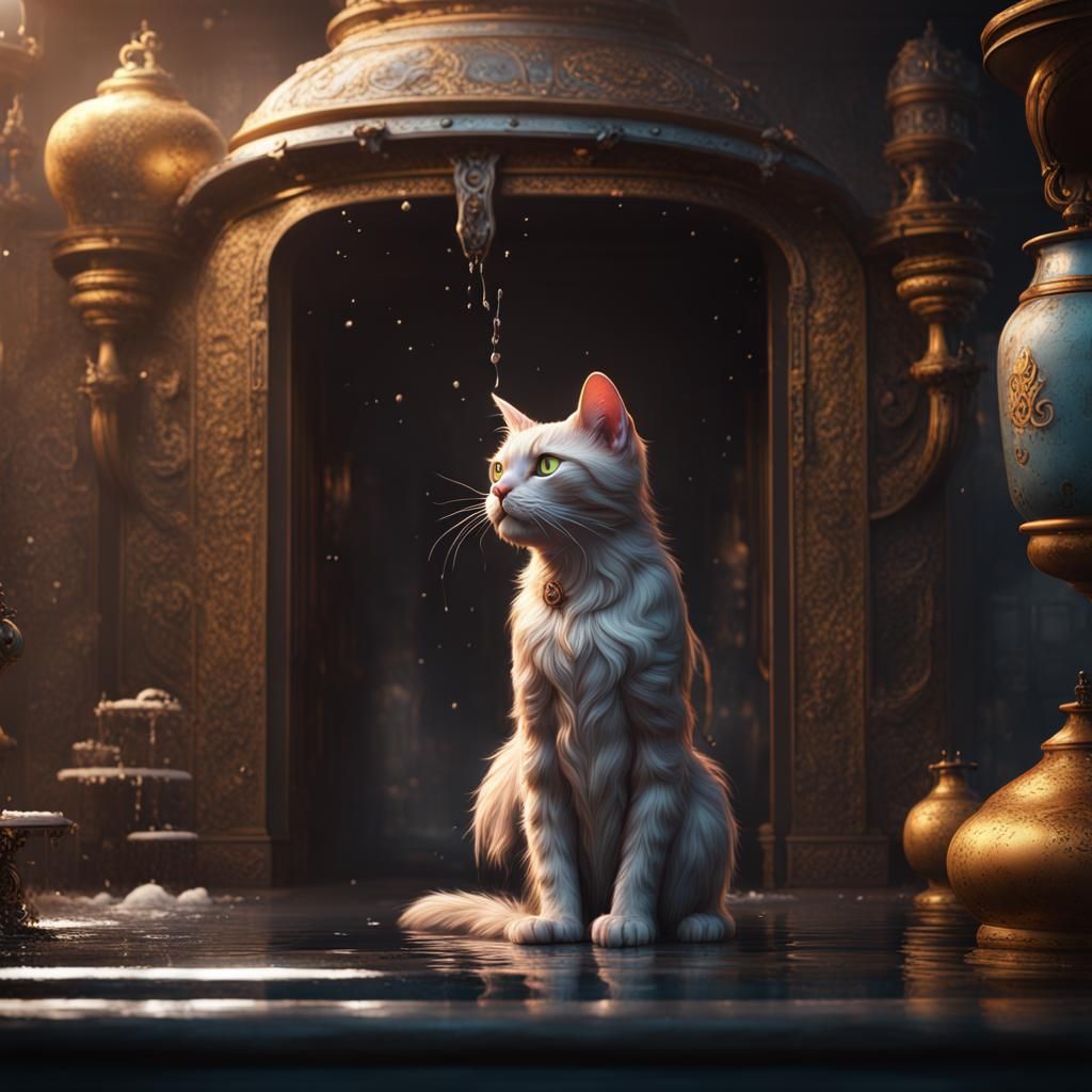 Detailed Matte Painting of a Cat Washing