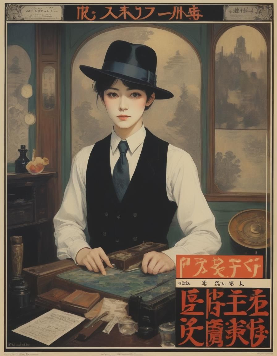 16k resolution, art by Kashō Takabatake, Claude Monet, Taishō-era detective mystery, noir-inspired poster, sleuth in 192...