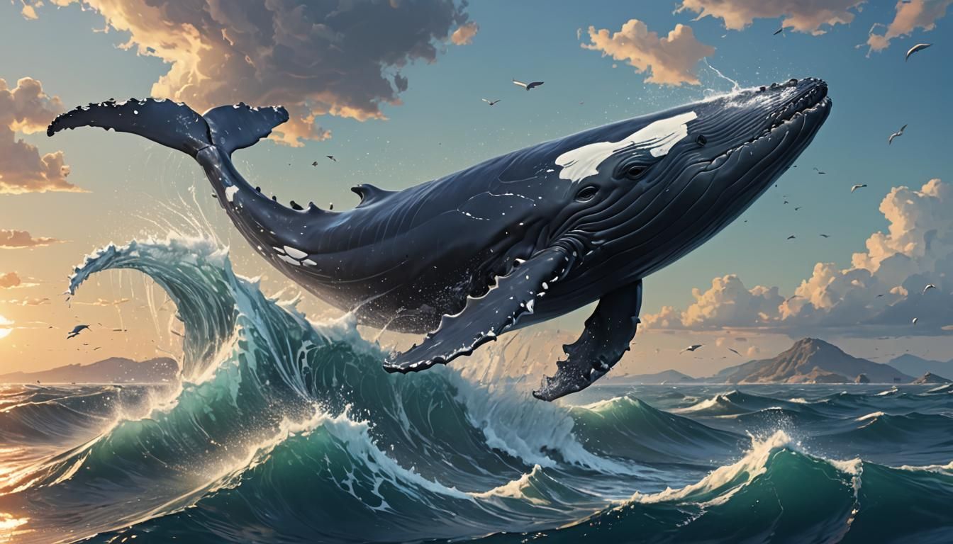 Whale Leaping from Sea in 3D Anime Art