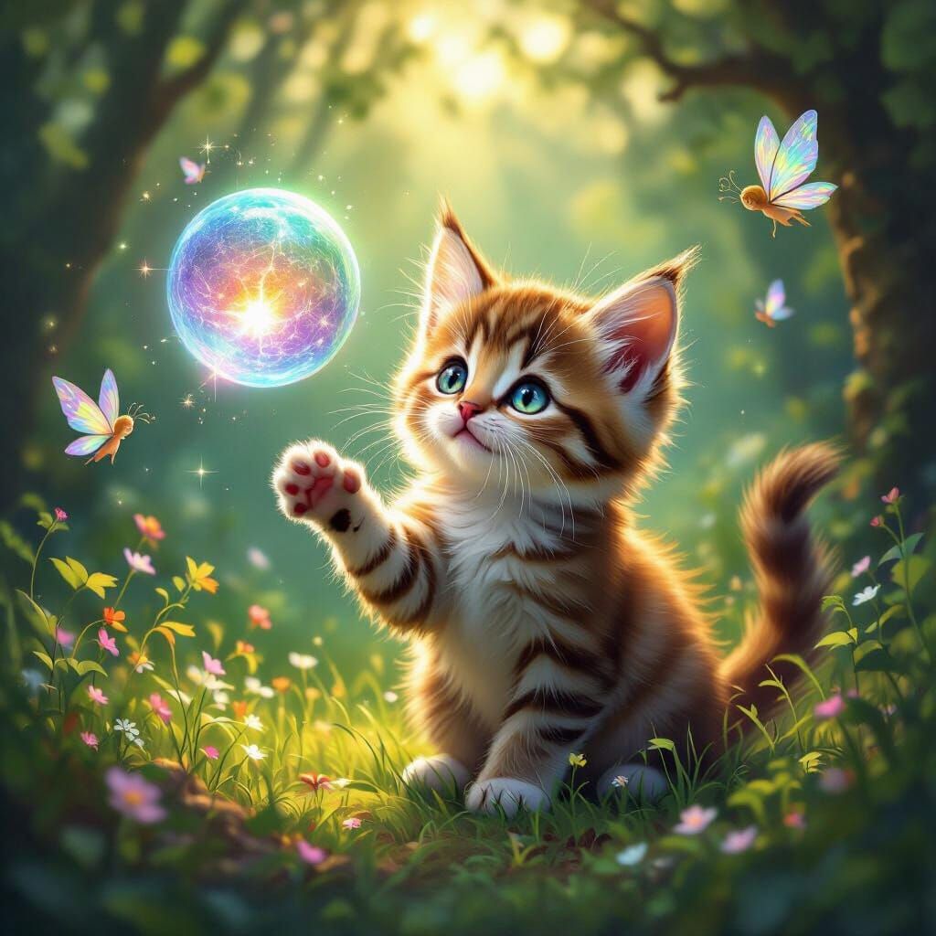 Playful Kitten and Magical Orb in Enchanted Forest
