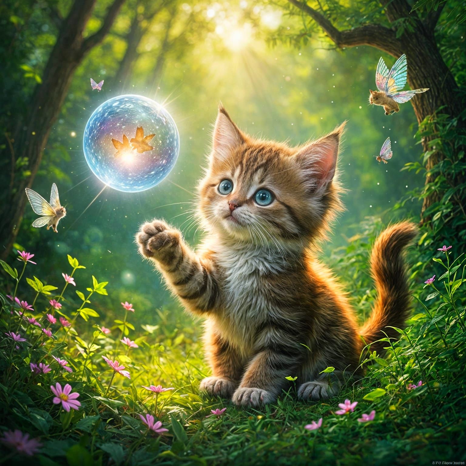 Playful Kitten and Magical Orb in Enchanted Forest