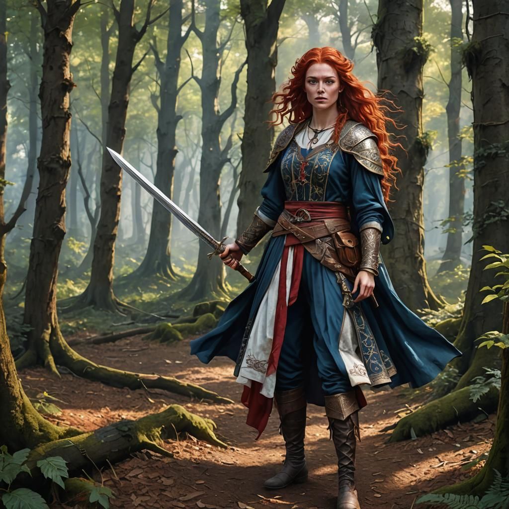 Fantasy Woman Warrior in Forest, Watercolor Style