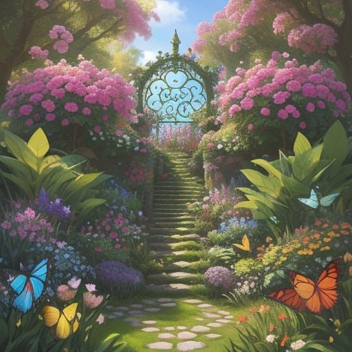 Whimsical Garden Gnome in Lush Fantasy Garden