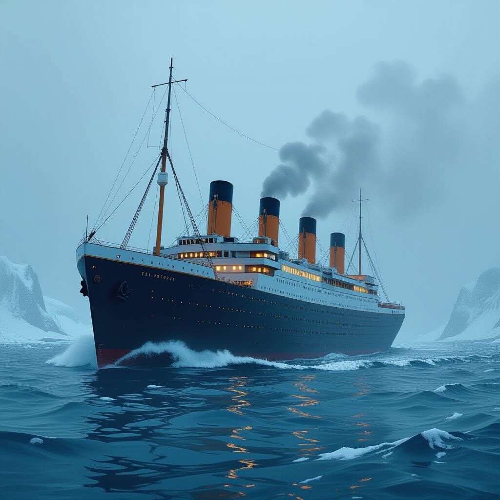 Titanic Sails Through Misty Waters in Digital Art Style