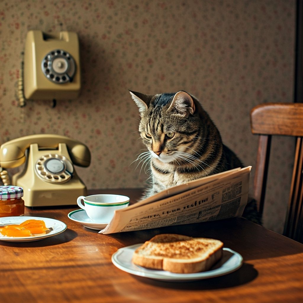 Vintage Tabby Cat Reads Newspaper at Breakfast