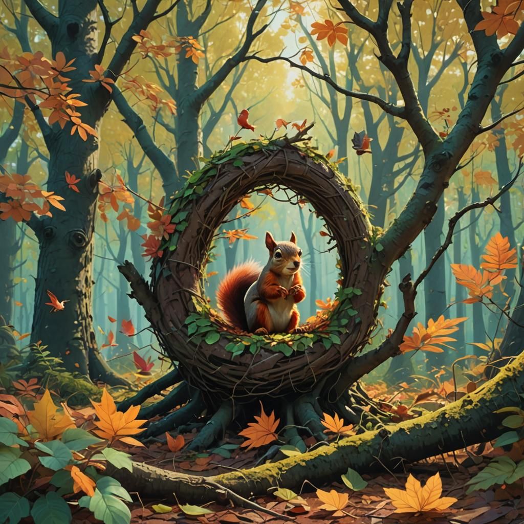 Squirrel and Birds Building a Nest in Fantasy Forest