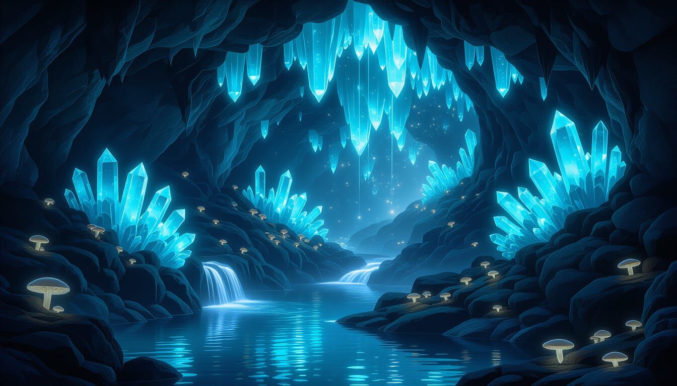 Hidden Cavern With Glowing Hemimorphite Crystals And Biolumi...