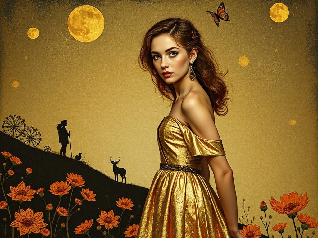 Luminous Amber Fairy Tale: Metallic Botanical Silhouette