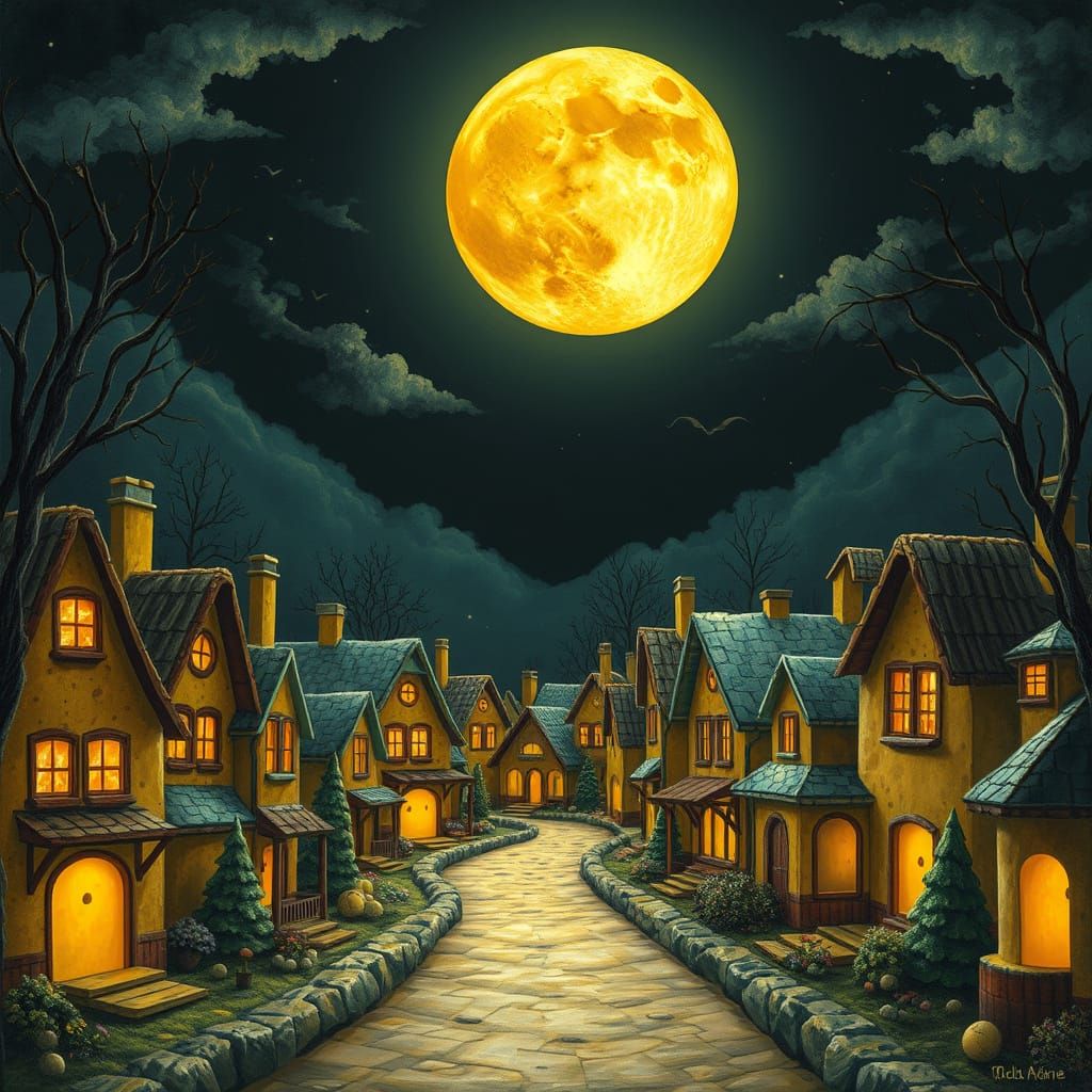 Whimsical Cheese Village Under a Full Moon